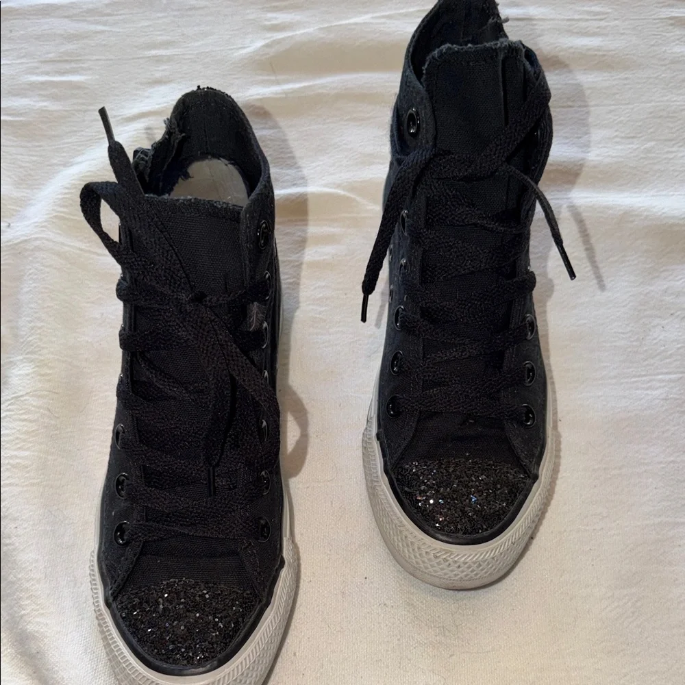 Converse Chuck Taylor All Star Black High Top Glitter Toe Zipper Kids Sneakers